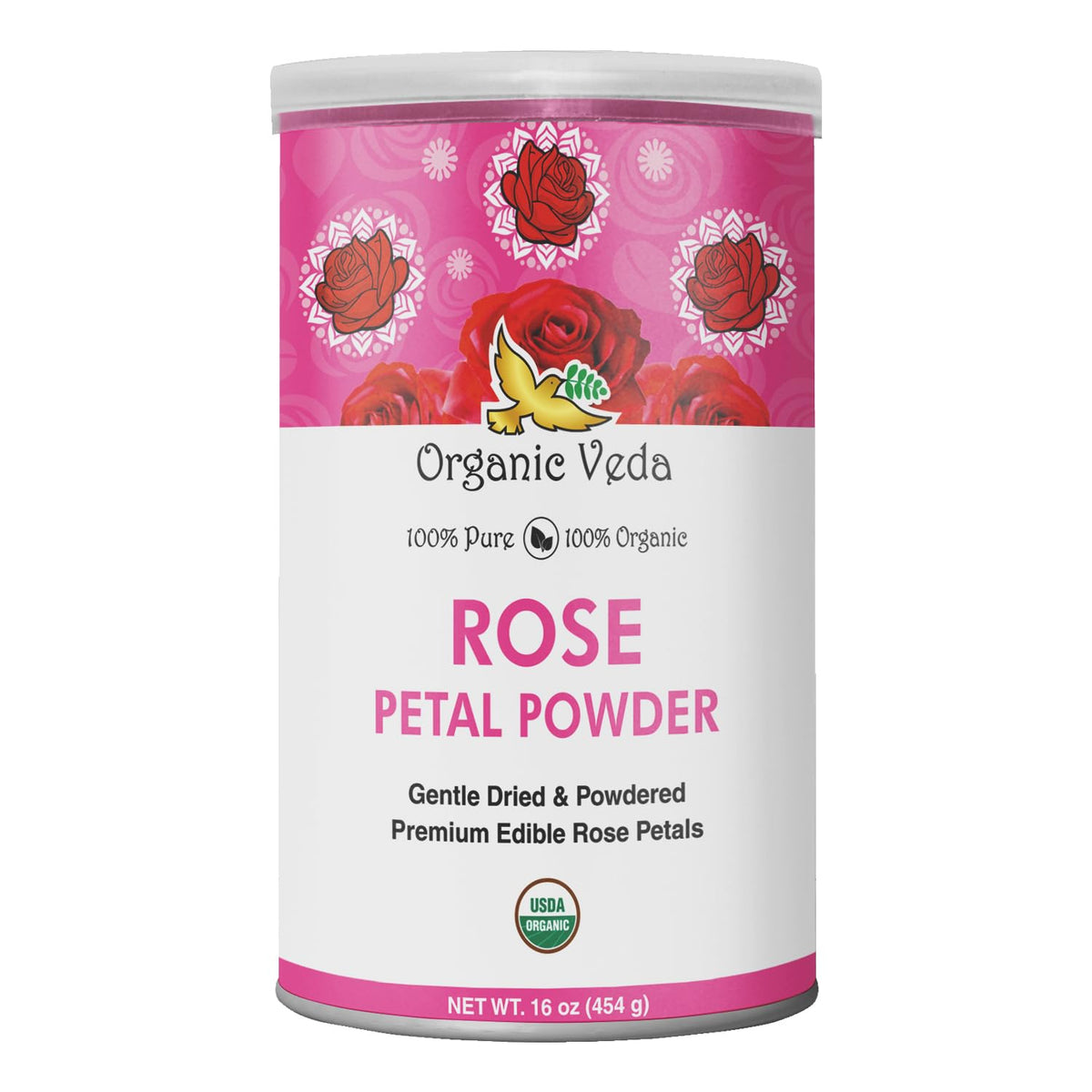Organic Veda Edible Rose Petal Powder - Organic Rose Petal Powder for Cooking, Herbal Tea, Smoothies, Toppings - Natural Rose Petal Powder for DIY Face Masks, Skin, Hair Care - Vegan, No Gluten - 16oz