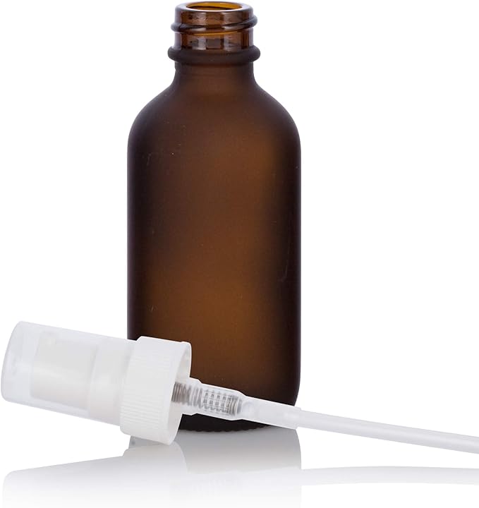 JUVITUS 2 oz / 60 ml Frosted Amber Glass Boston Round White Treatment Pump Empty Bottle Containers (24 pack) + Funnel