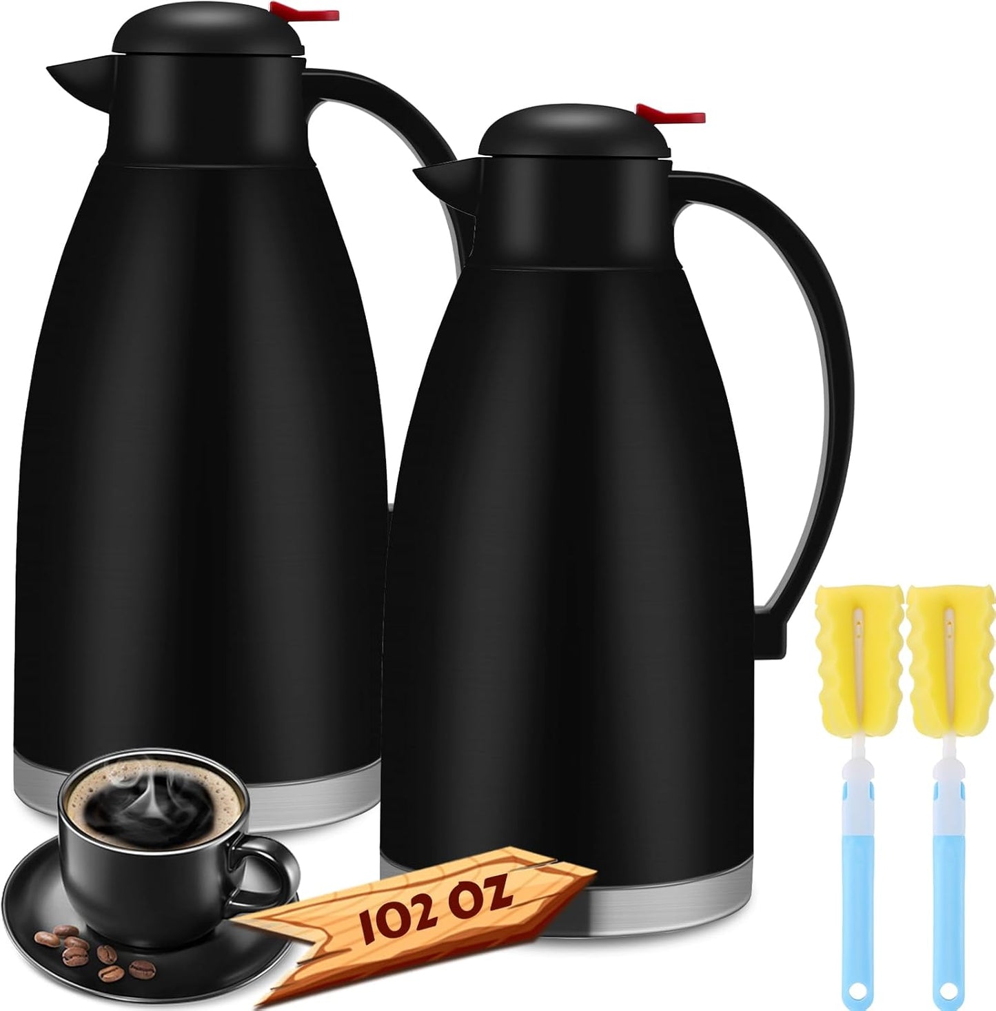 Nuogo 2 Pcs 102 oz Thermal Coffee Carafe Insulated Stainless Steel Carafe Double Walled Vacuum Coffee Thermal Pot with Brush for Home Office Use Keep 24 Hours Hot Water Tea(Black)