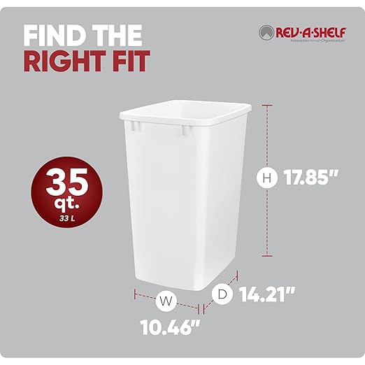 Rev-A-Shelf 35 Quart Kitchen Sink Garbage Can for Base Kitchen and Bathroom Cabinet, Replacement Plastic Trash Bin for Laundry Rooms, White, RV-35-52