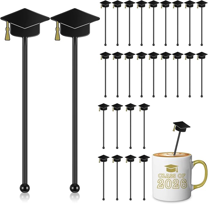 SiliFine 30 Pcs Graduation Cap Drink Stirrers Graduation Stir Sticks Coffee Stirrers Cocktail Mixers Plastic Swizzle Sticks Hot Cocoa Bar Supplies for Party Bar Coffee Tea Favors (Gold)