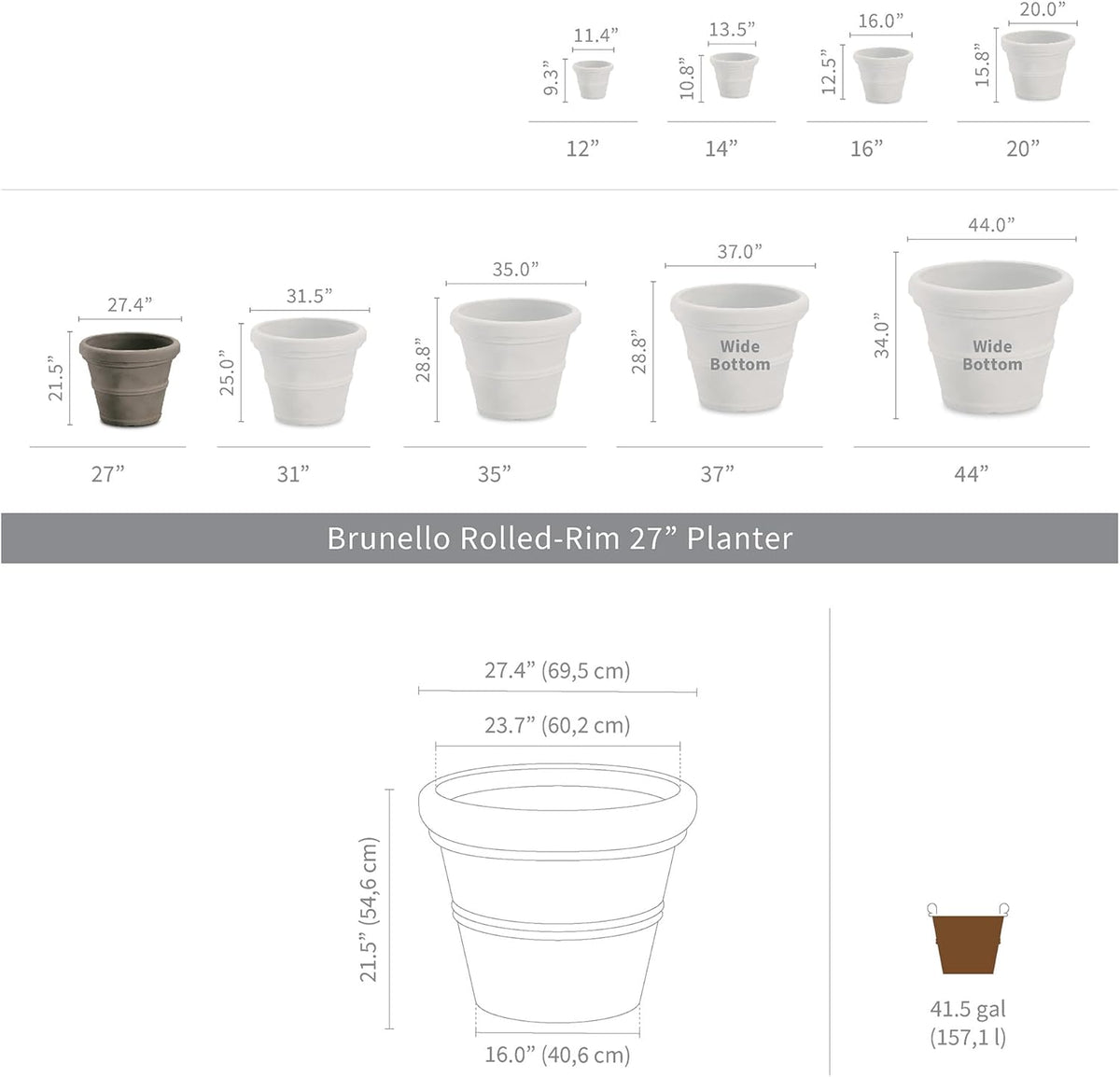 Crescent Garden Brunello Classic Rolled Rim Planter Pot, Indoor/Outdoor Plastic Round Plant Pot - Resin Large UV-Resistant Flower Pot - Frostproof, Fadeproof Pots - 27'W' (Black)