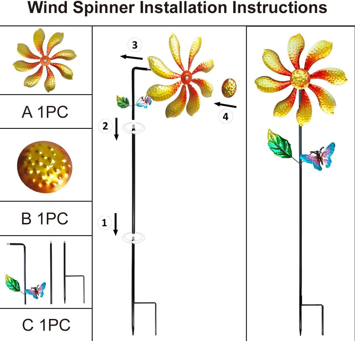 Metal Outdoor Flower Wind Spinner with Yellow Floral & Blue Butterfly, Decorative Kinetic Wind Sculpture for Yard, Garden, Patio, Lawn - Vibrant Garden Art & Lawn Ornament for Outdoor Decor