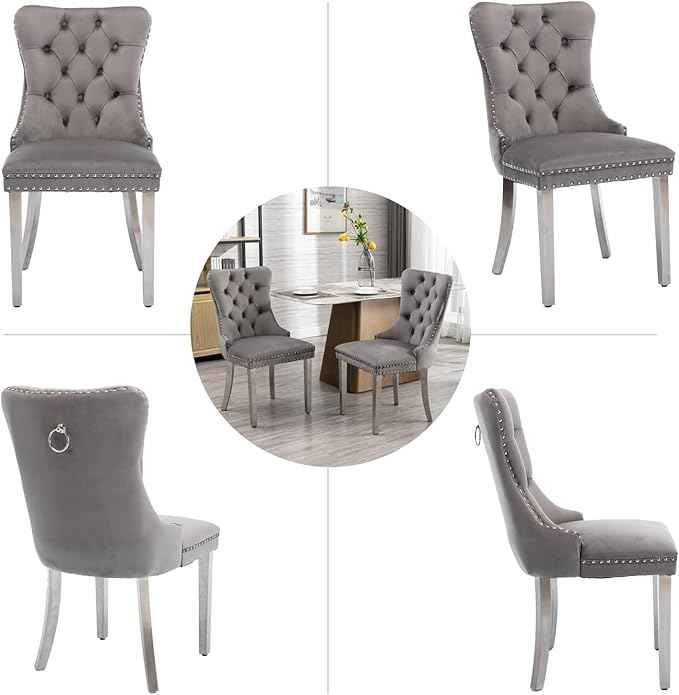 Velvet Dining Chairs Set of 2, Upholstered Dining Room Chairs with Back Ring Pull Trim and Sliver Stainless Steel Legs,Tufted Wingback Chair Perfect for Dining Room,Kitchen(Grey)