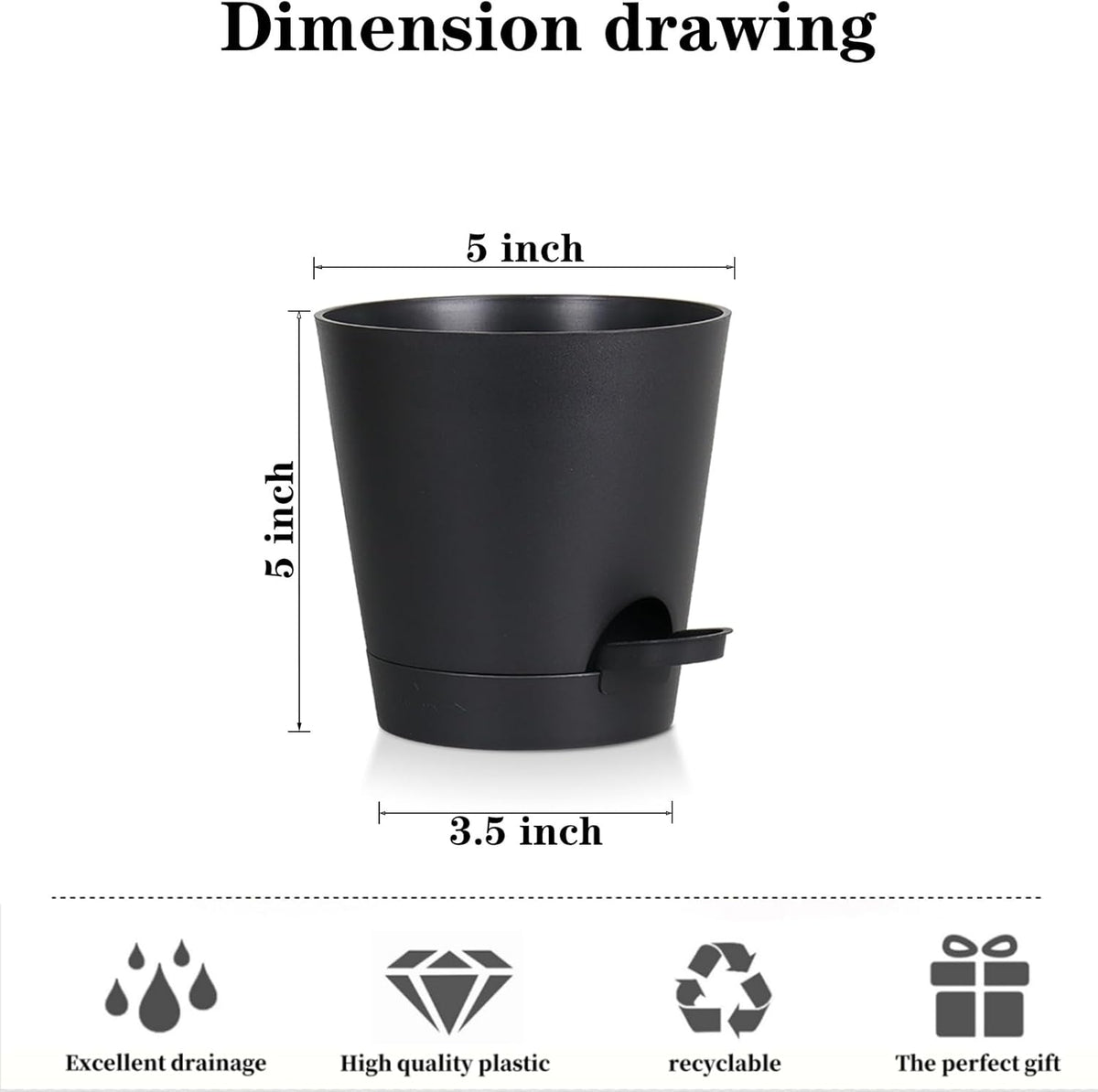 5 Pack 5 inch Self-Watering Pots, African Violets Planter with Drainage Holes and Reservoir, Black Plastic Planter for Indoor Outdoor Plants Flowers and Houseplants Black, 5 inch 5 pcs