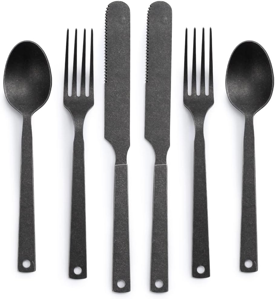 Barebones Flatware Silverware Set - Formal Camping Utensils - Stainless Steel Cutlery Set of 6 - Camping Utensil Set with Forks, Knives, and Spoons (Matte Black)