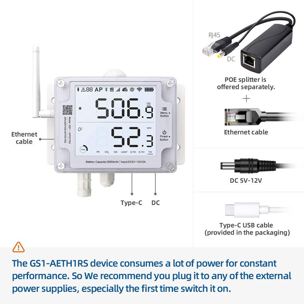 Ubibot GS1-AETH1RS + PT100 Ethernet Thermometer Hygrometer, WiFi Temperature Humidity Sensor, Digital Temperature Data Logger, Free App Email Alert(2.4GHz WiFi & RJ45 Ethernet, no hub Required)