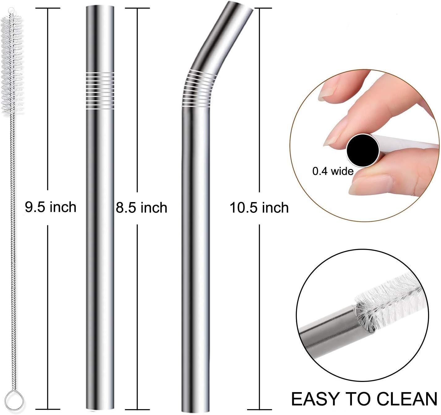 Vinaco Stainless Steel Smoothie Straws, 0.4'' Extra Wide Reusable Metal Drinking Straws for Milkshake, Smoothie, Beverage, Set of 4 with 1 Cleaning Brush