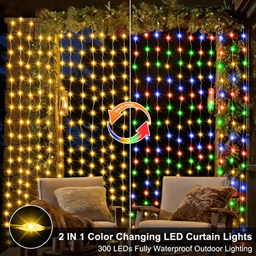 10x10Ft Curtain Lights 300 LED Dual Color Changing Lights with Timer Remote (300 Count)