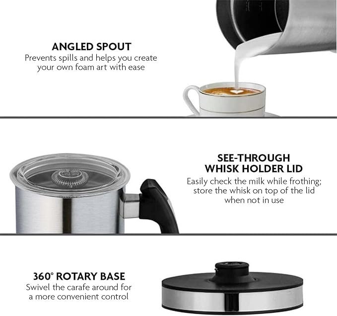 Ovente Electric Double Wall Insulated Milk Frother with 5 Ounce Frothing and 10 Ounce Heating Capacity, Hot or Cold Froth Function Available for Hot Latte, Cappuccino, and More, Silver FR4810BR
