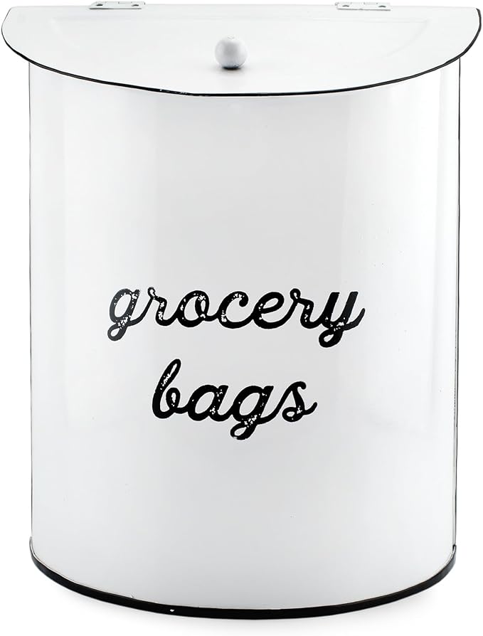 AuldHome Design Rustic Grocery Bag Holder; Wall-Mounted Vintage Enamelware Farmhouse Style Plastic Bag Dispenser for Kitchen or Laundry Room