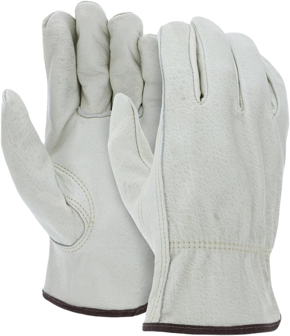 12 Pairs Heavy Duty Durable Cowhide Leather Work Gloves for Construction, Industrial and Personal Use