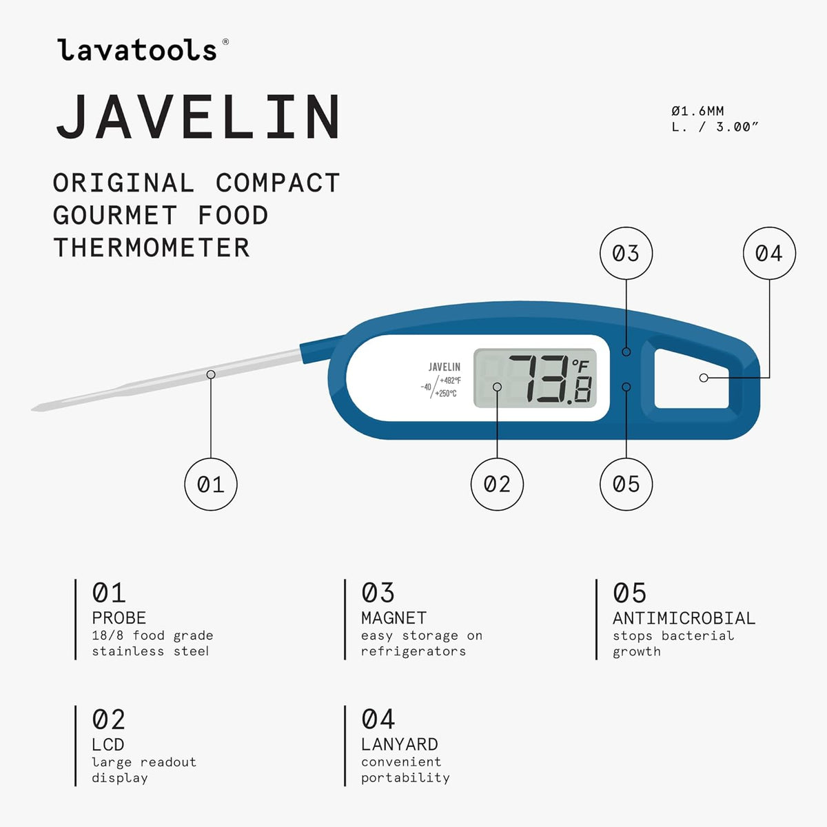 Lavatools Javelin® Ultra-Fast 3-Second Digital Instant Read Meat Thermometer for Grill and Cooking, 2.75" Probe, Compact Foldable Design, Large Display, IP65 Water Resistant, NSF Certified – Rhubarb