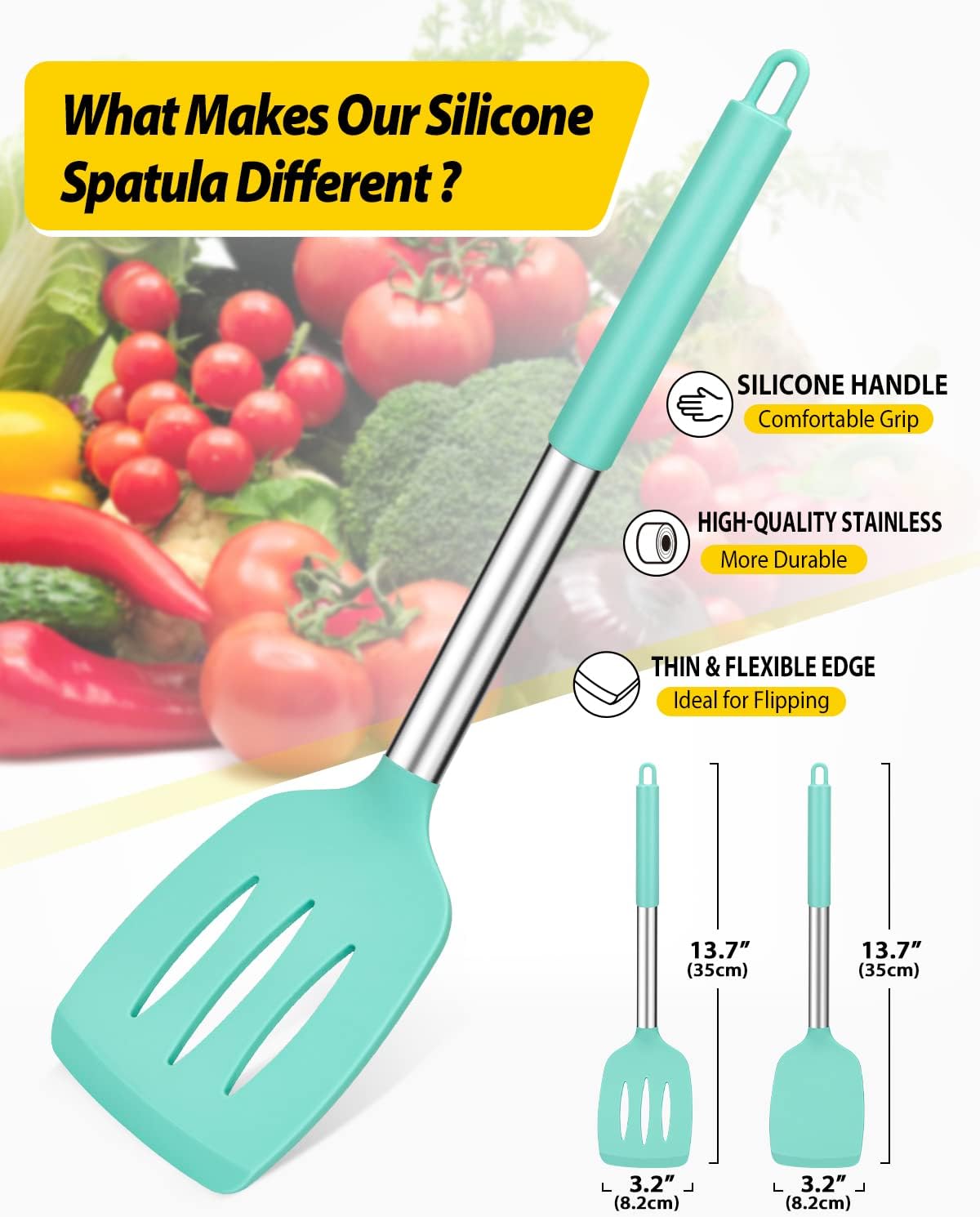 Pack of 2 Silicone Solid Turner, Non Stick Slotted Kitchen Spatulas, High Heat Resistant BPA Free Cooking Utensils, Ideal Cookware for Fish, Eggs, Pancakes(Green)