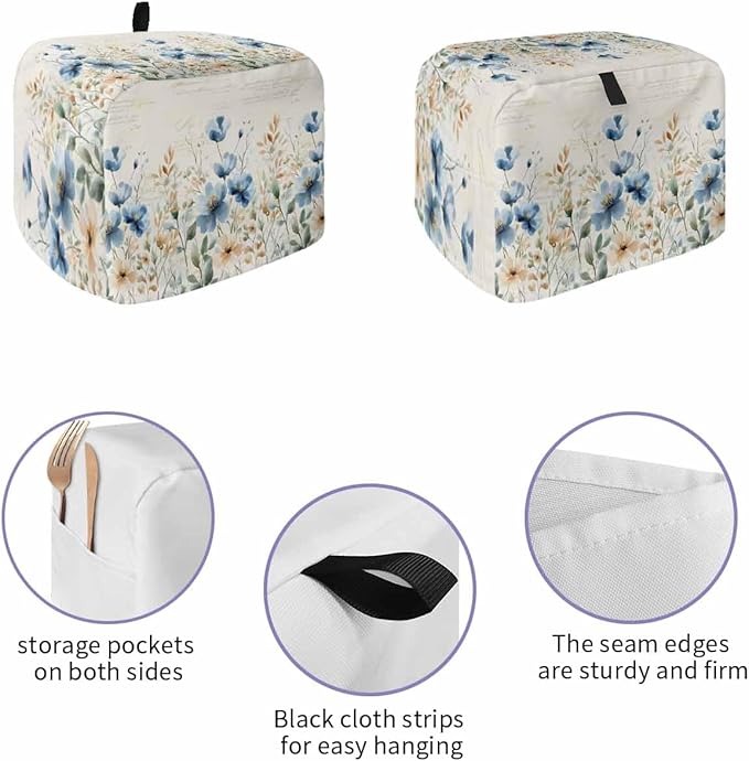 Blue Flowers Rustic Toaster Cover 4 Slice, Spring Vintage Botanical Dustproof Bakeware Oven Protector with Top Hook, Floral Beige Waterproof Small Kitchen Appliance Toasters Dust Cover, 12"x11"x8"