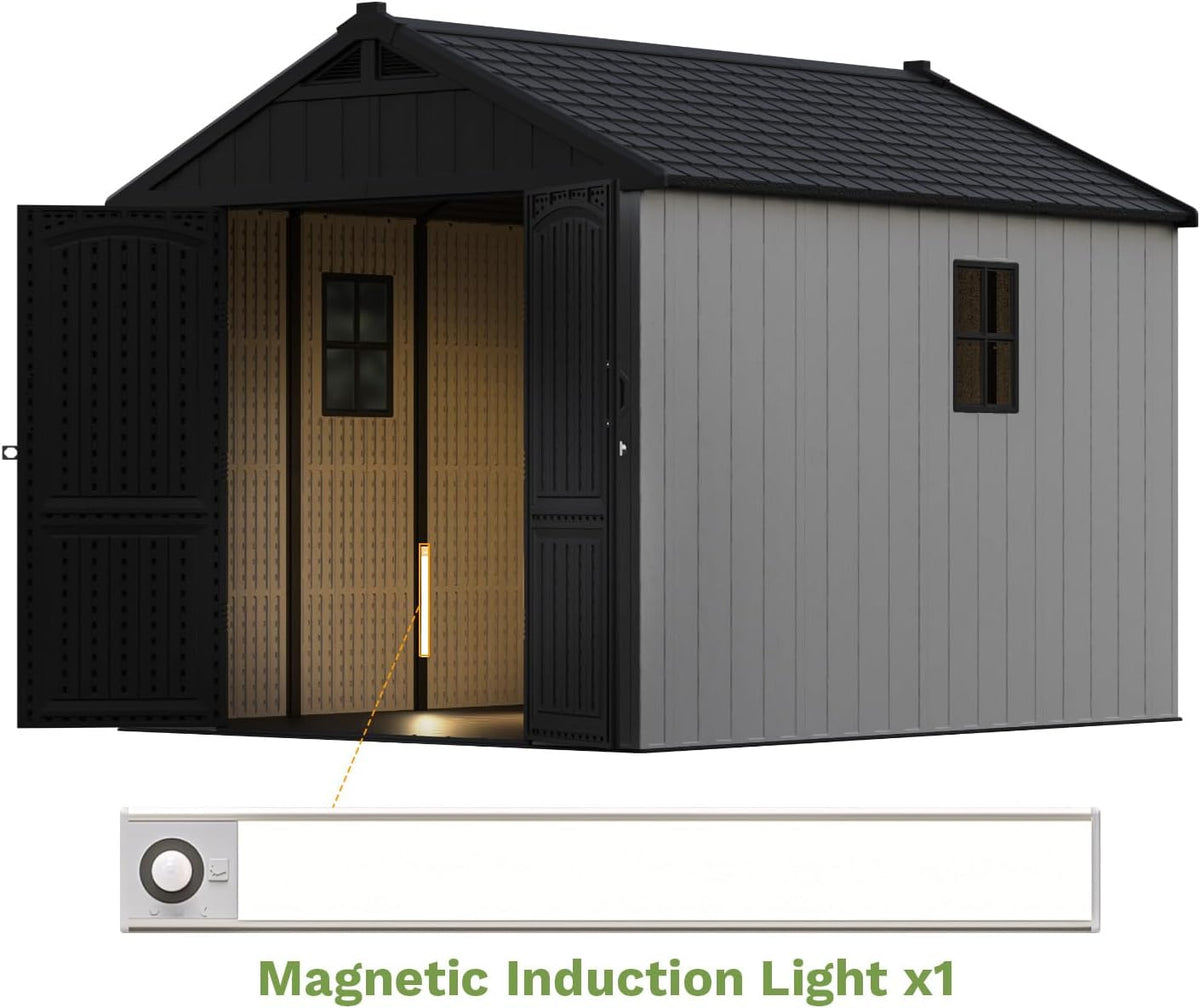 Patiowell 8 x 10 FT Resin Outdoor Storage Shed with Floor and Light, Large Plastic Barn with Lockable Door for Garden Tools, Backyard, Bike Storage, Easy Installation in Beige (Kick-it Shed)