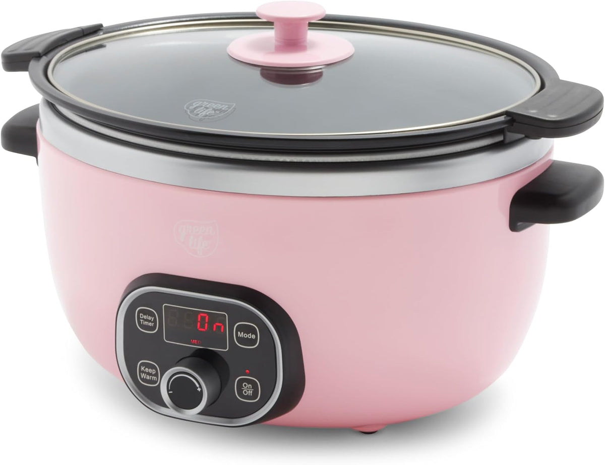GreenLife 6QT Slow Cooker, Non-Toxic PFAS-Free Ceramic Nonstick Removable Interior Bowl, Programmable, Family Friendly, Keep Warm, Stovetop & Oven Safe, Dishwasher Safe Parts, Timer, Glass Lid, Pink