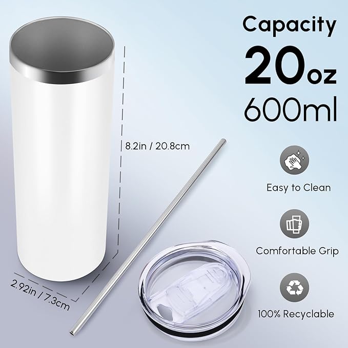 Volhoply 20 oz Skinny Tumbler with Lid and Straw, Stainless Steel Straight Tumblers Cup, Vacuum Insulated Coffee Mug for Home, Office, Travel, DIY (White,1 Pack)