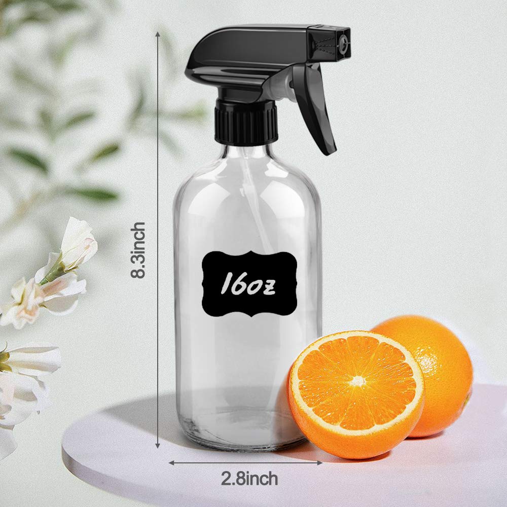 Glass Spray Bottles, 16oz Refillable Containers, Empty Boston Round Bottles with Labels & Adjustable Nozzle for Cleaning, Gardening, Aromatherapy, Pets, Plant, Hair -Clear (1 Pack)