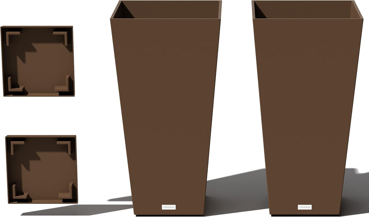 Veradek V-Resin Indoor/Outdoor Taper Planter (Espresso, 30 inch - 2 Pack with 2 Saucer Trays)