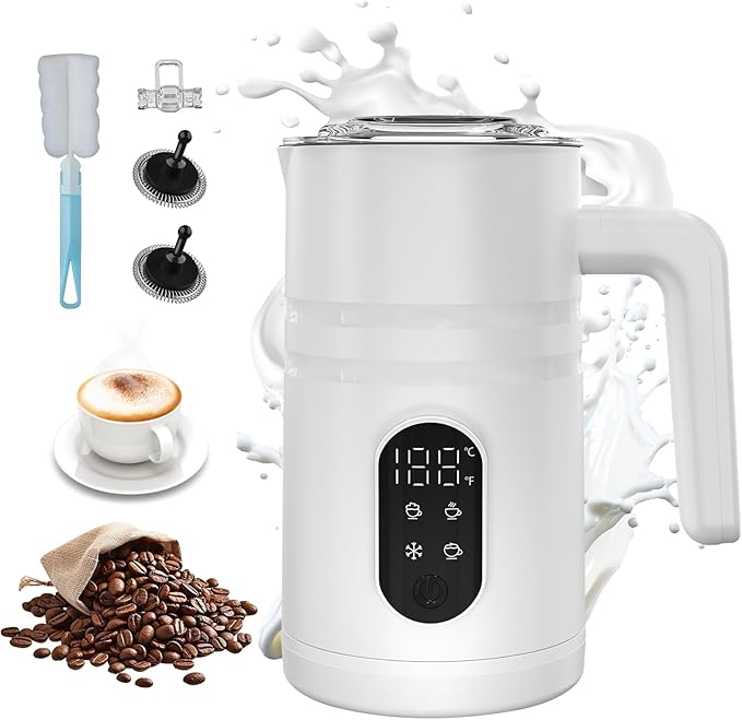 4 in 1 Electric Milk Frother Automatic Hot & Cold Foam Maker Auto Shut-Off Durable Stainless Steel Milk Frother Silent Working Easy to Clean for Hot Chocolate (White-With Digital Display)