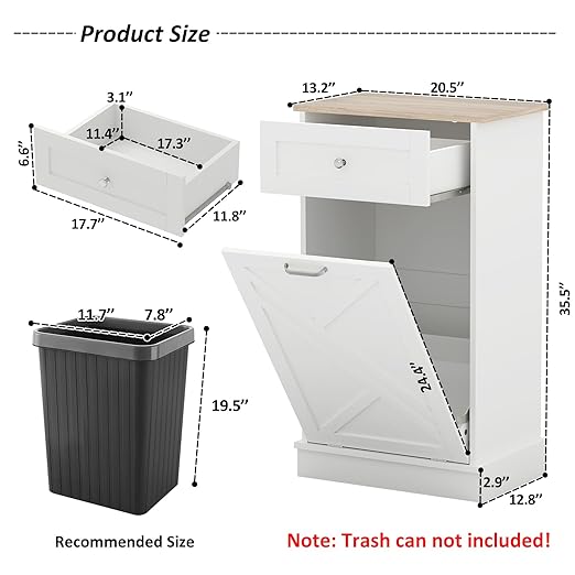Tilt Out Trash Cabinet-Free Standing Kitchen Waste Bin-Wooden Recycling Trash Cabinet with Drawer-White