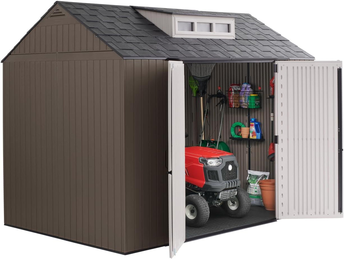 Rubbermaid Extra Large Resin Outdoor Storage Shed With Floor (7 x 10.5 Ft.) Weather Resistant Brown Organization for Home/Lawn Mower/Backyard Equipment/Bike Storage/Pool Supplies