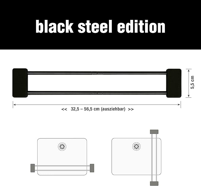 Sanni Shoo drip.line Pure Black - Versatile and Adjustable Kitchen Rack Drip Tray for Dishcloths, Brushes, and Bottles - Hygienic Storage - Made of Stainless Steel and Silicone