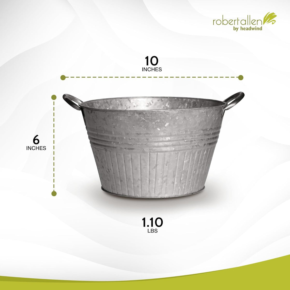 Headwind Round Galvanized Tub Planter with Handles – 10 Inch Lightweight Metal Planter with Drainage Hole – Galvanized Steel Tub for Plants - Metal Flower Pot by Robert Allen