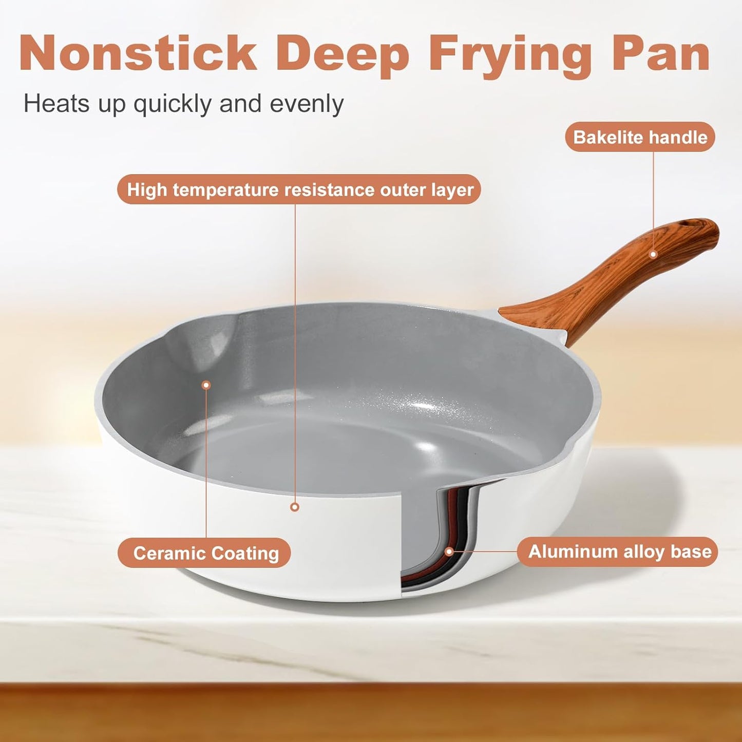 Nonstick Ceramic Frying Pan With Lid, 10 Inches Deep Frying Pan Non Stick Skillet With Pour Spout, Non Toxic Cookware for Stove, Induction, Gas, PB/CD/PFOA Free (White,10 Inches)