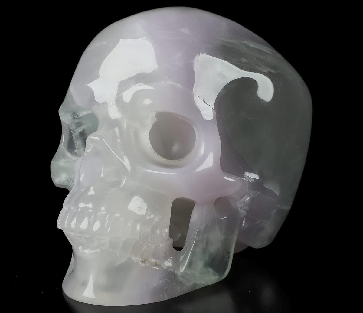 Skullis 5.0" Fluorite Super Realistic Crystal Skull, Hand Carved Gemstone Fine Art Sculpture, Reiki Healing Stone Statue.2245 Z8