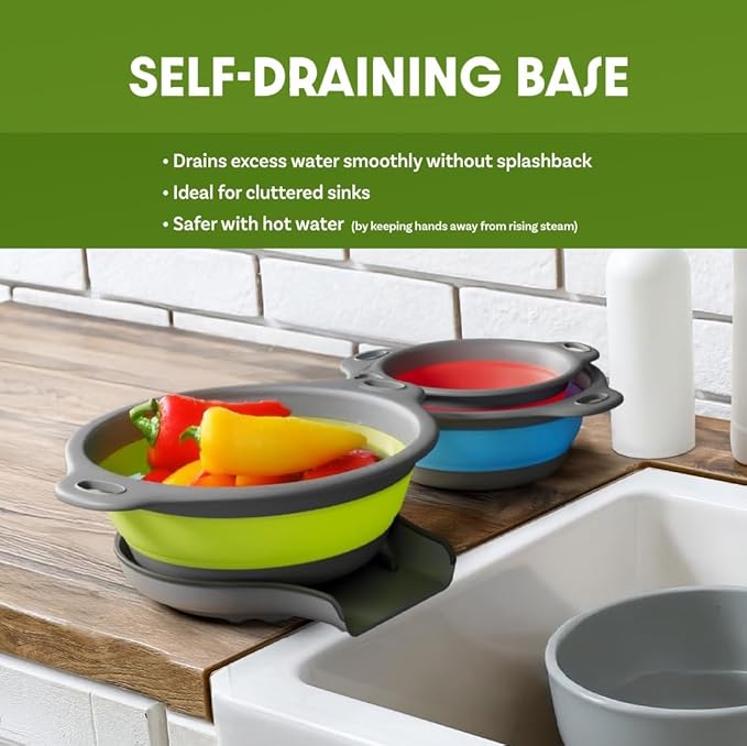 Collapsible Colanders with Self-Draining Base for Edge of Sink, Food Strainers (Small/Med/Large), Nested Design for Easy Storage (Red, Blue, Green) (4PC Set)