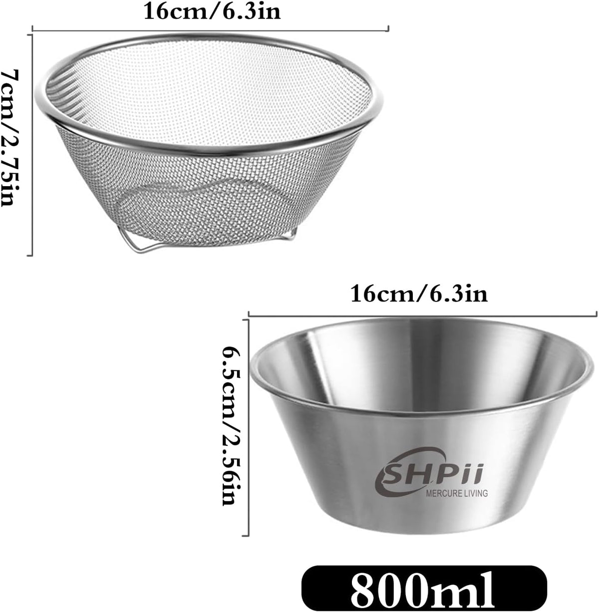 2 Piece Mini 304 Stainless Steel Colander with Mixing Bowl, Kitchen Cooking, Washing Fruits and Vegetables, Back of House Preparation (800ML)