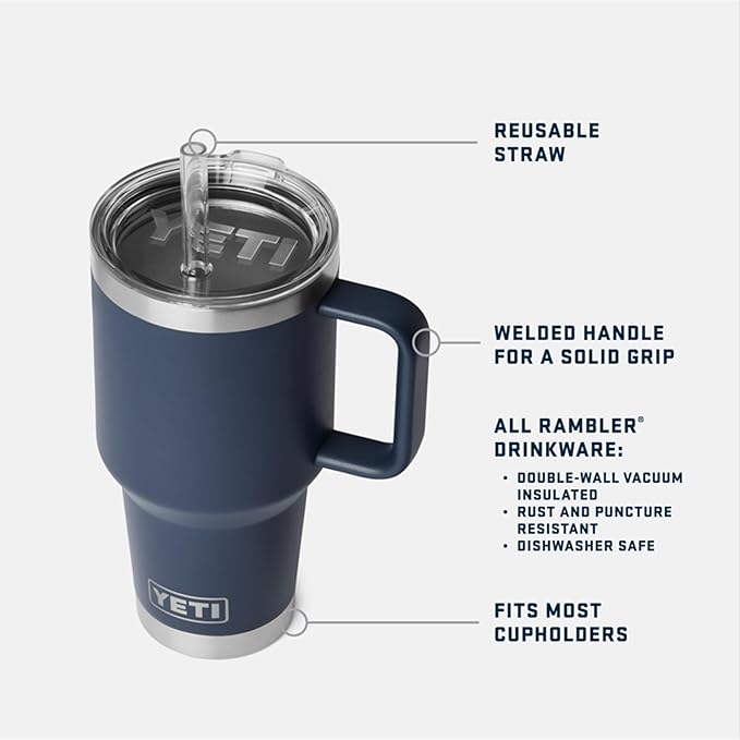 YETI Rambler 35 oz Straw Mug 2.0 - Double-Wall Vacuum Insulation for Cold Beverages – Dishwasher Safe – Cupholder Compatible – Reusable Straw – Comfortable Grip Handle – Travel Mug - Black