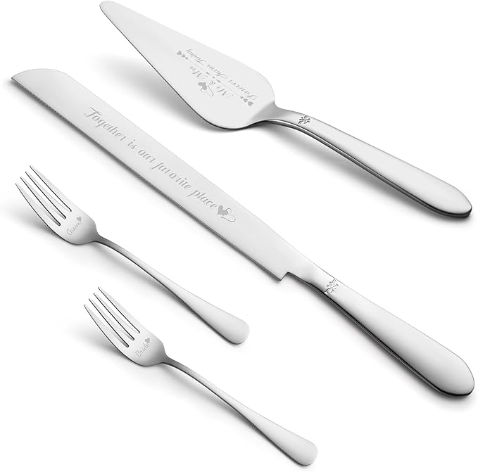 Eisinly Cake Cutting Set for Wedding, Elegant Cake Knife and Server Set with Stainless Steel Forks, Cake Cutter and Pie Spatula for Couples Wedding Registry, Engagements, Anniversary, 4 Pcs, Silver