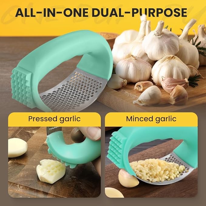 Garlic Press Rocker Stainless Steel, Garlic Crusher with Peeler & Cleaning Brush, Easy to Use Garlic Mincer for Kitchen Cooking, Ergonomic Garlic Chopper Tool, Durable Garlic Presser Gadget (Pink)