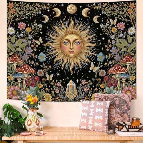 Boho Sun and Moon Tapestry Hippie Mushroom Floral Wall Tapestry for Bedroom Aesthetic Moon Phase Vintage Plant Celestial Small Tapestries Wall Hanging for Living Room Dorm 48 x 36 Inch