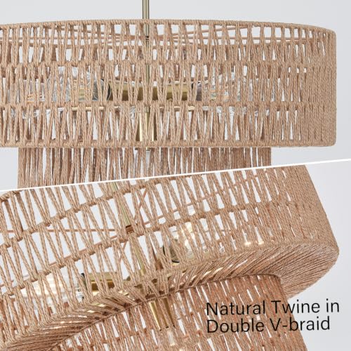 23.62" 6 Light Boho Chandelier Rattan Light Fixture Hand Woven Farmhouse Chandelier for Dining Room Ceiling Hanging Pendant Light for Kitchen Island Lighting