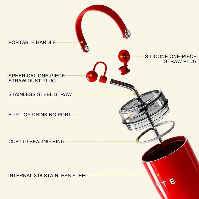 OTE 30OZ Tumbler with Handle, 316 Stainless Steel Water Bottle with Straw, 800ML Vacuum Insulated Bottle, Insulated Travel Mug, Tumbler for Office or Home, Cup Holder Friendly, Keep Hot/Cold (Beige)