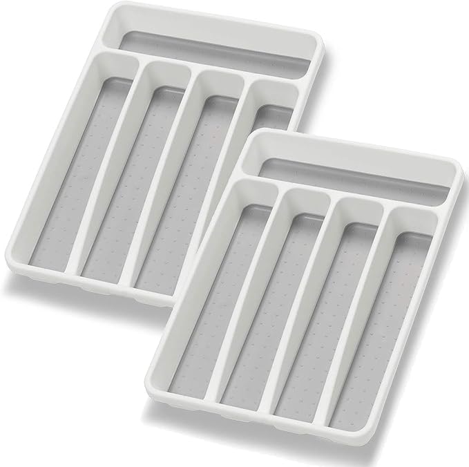 Silverware Organizer 2 Pieces Utenisl Organizer Holder Kitchen Drawer Organizer Plastic Silverware Tray for Drawer Flatware Organizer 5 Compartment White