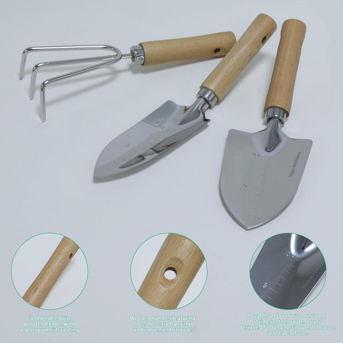LeMotech Garden Tool Set, 3Pcs Stainless Steel Heavy Duty Gardening Kit Including Trowel Transplanter Cultivator Gardening Hand Tools with Handle, Planting Tool for Women Men