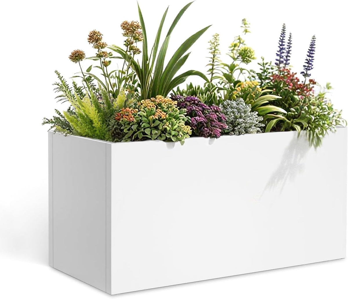 Galvanized Steel Garden Planter - White Matt Galvanized Metal Planter Box - Modern Metallic Heavy Planter - Indoor & Outdoor, Commercial & Residential (White, L36 x W12 x D16)