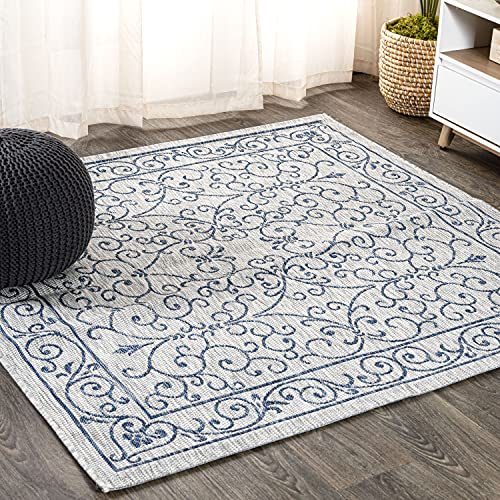 Vintage Filigree Indoor Outdoor Square Area Rug 5X5 Gray