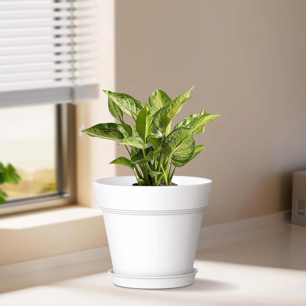 7 Inch Thick Plastic Plant Pots with Drainage Holes and Trays – 6 Pack Nursery Pots for Indoor & Outdoor House Plants, Seedling Starter Planters for Garden Flowers, White