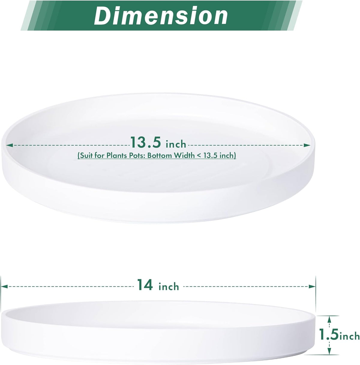 Phoenix Vine 14 Inch Plastic Plant Saucer Water Drip Tray, Heavy Sturdy Round Plant Drainage Tray for Indoors Outdoor, Set of 2, Matte White, 21-TY-14W-2
