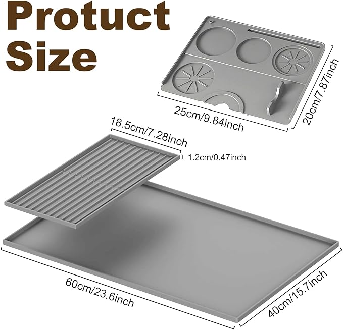 3-Pack Silicone Coffee Mat Set, 24" x 16" Coffee Bar Mat for Countertop with Separable Small Drying Mat and Espresso Tamping Mat, Fit Under Coffee Maker Espresso Machine, Gray