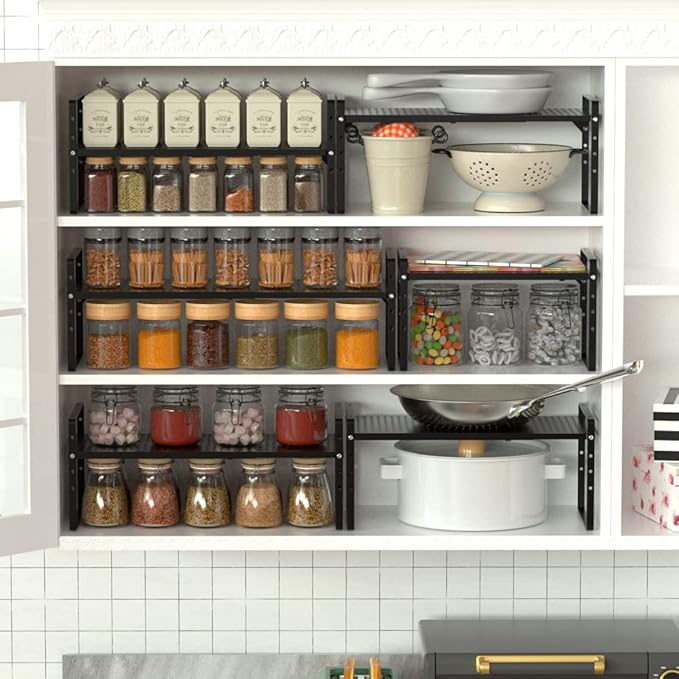 Expandable Cabinet Shelf Organizers, Stackable Cabinet Pantry Counter Under Sink Shelves Storage Shelf Rack for Kitchen Home Office, 10.24" W Black, 3 Pack