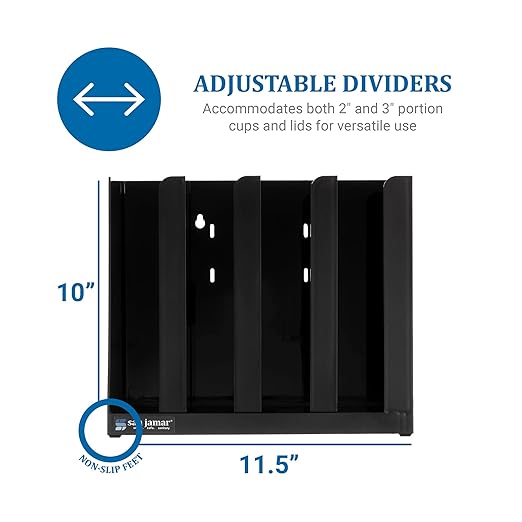 San Jamar Portion Cup and Lid Organizer Fits 2-3" Cups and Lids with Removable Dividers for Kitchen, Restaurant, and Fast Food, Plastic, 10 x 11.5 x 3.75 Inches, Black