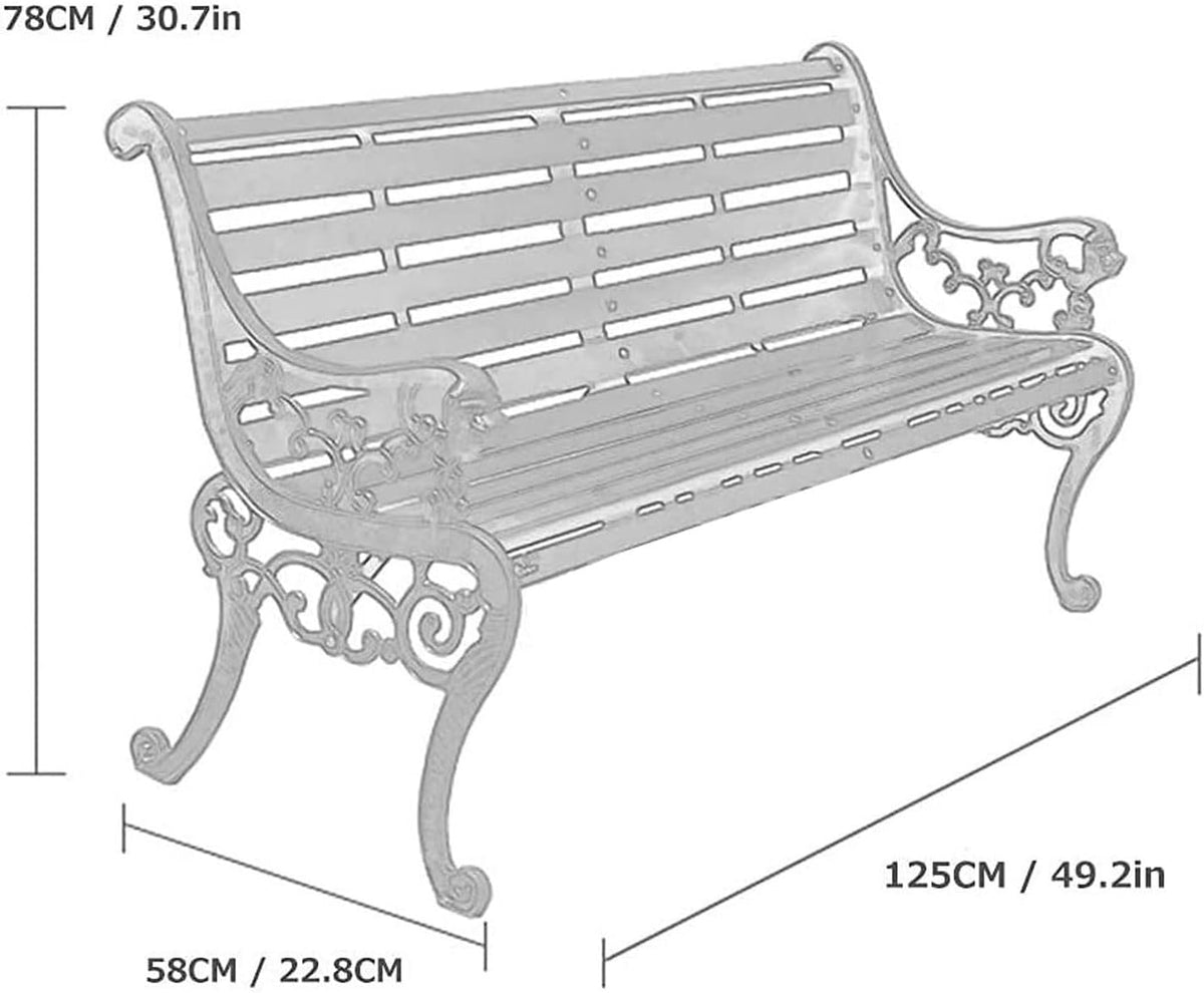 Outdoor Bench, Porch Bench, Garden Park Bench, Cast Aluminum Preservative Wood Bench with Backrest and Armrests for 2-3 People Porch/Deck/Patio Furniture(Brown+Black Legs,125CM)