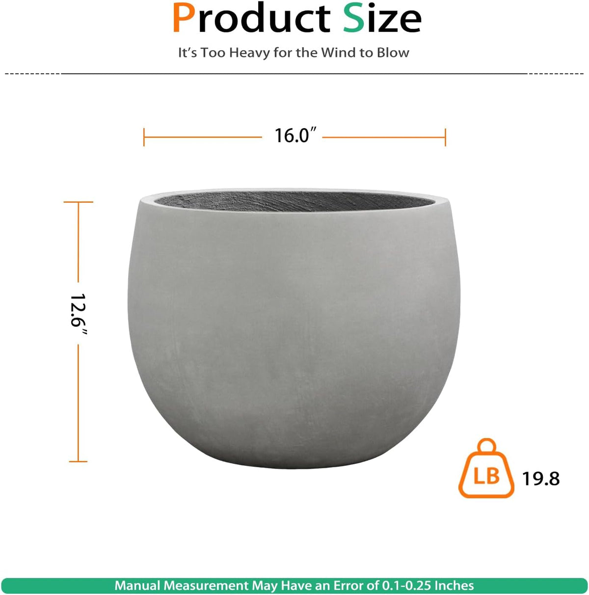 Ball Concrete Planter Outdoor Indoor, Large Tall Cement Plant Pots for Trees Flowers (Gray, 16 inch)